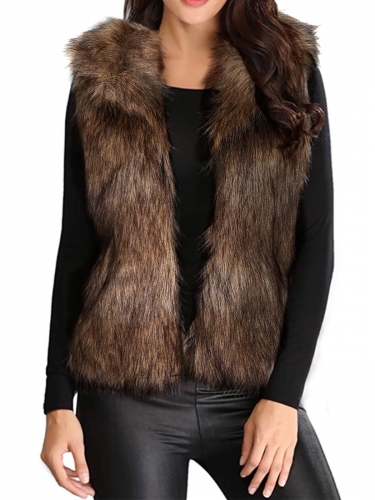 Aukmla Women's Faux Fur Vest Brown Sleeveless Coat Jacket with Pocket for Spring Autumn and Winter