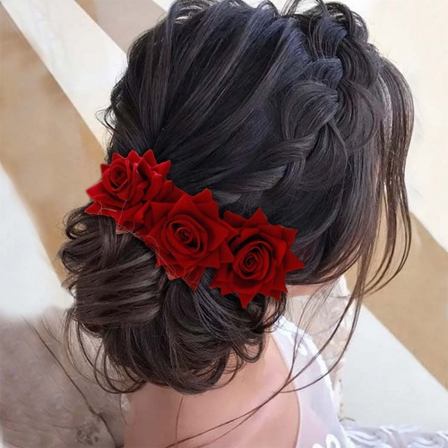Unicra Bride Wedding Hair Comb Burgundy Red Rose Flower Bridal Hair Pieces Floral Mexican Headpieces Side Combs Hair Accessories for Women and Girls (