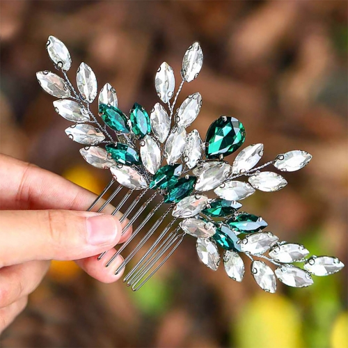 Unicra Rhinestone Bride Wedding Hair Comb Silver Bridal Hair Pieces Green Crystal Hair Clip Hair Accessories for Women and Girls