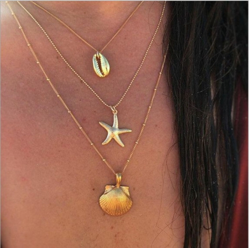 Sixexey Boho Layered Starfish Necklaces Gold Scallop Seashell Pendant Necklace Jewelry for Women