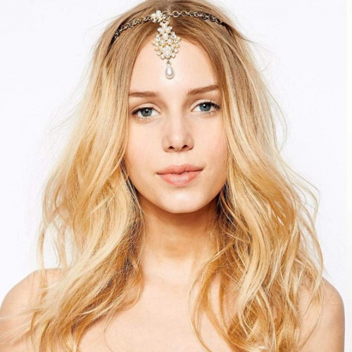 Unsutuo Boho Pearl Head Chain Gold Crystal Headpieces Bride Hair Piece Wedding Hair Acessories Jewelry for Women and Girls