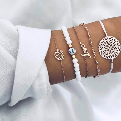 Edary Love Bracelet Set Gold Lotus Bracelets Marble Bead Hand Accessories Hollow Circle Hand Chain for Women and Girls(5Pcs)