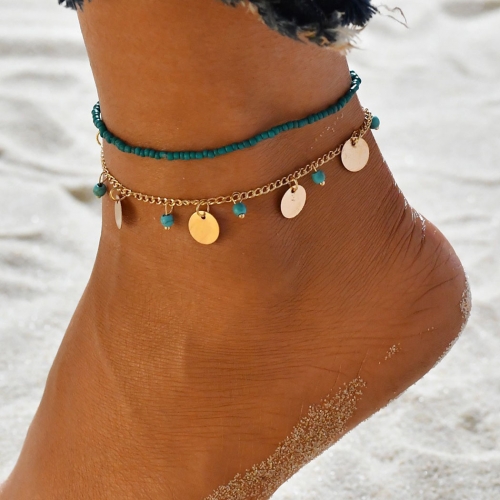 Zoestar Boho Layered Bead Anklets Gold Stretchy Sequin Ankle Bracelet Vintage Summer Beach Foot Chain Jewelry for Women and Girls (2 pcs)