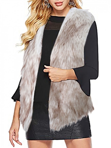 Aukmla Women's Faux Fur Vest Brown and White Sleeveless Fur Coat Jacket for Spring Autumn and Winter