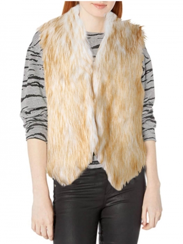 Aukmla Women's Faux Fur Vest Yellow and White Sleeveless Fur Coat Jacket for Spring Autumn and Winter