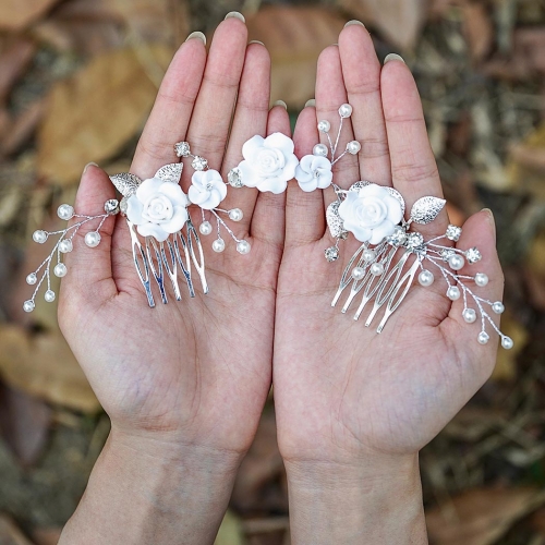 Unicra Flower Bride Wedding Hair Comb Rose Hair Pieces Leaf Headpieces Pearl Bridal Hair Accessories for Women and Girls