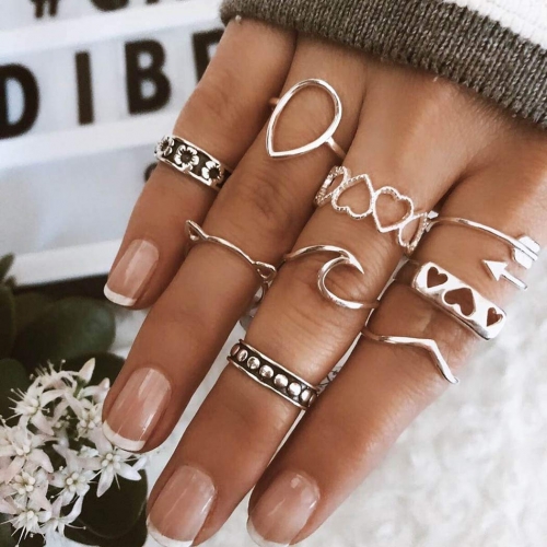 Edary Boho Silver Rings Love Knuckle Rings Set Vintage Finger Ring Sets for Women and Girls(9pcs)