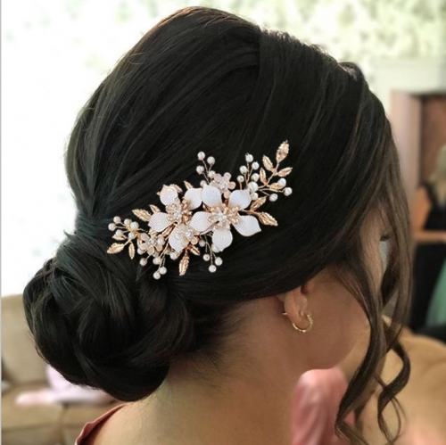 Unicra Flower Bride Wedding Hair Comb Gold Lead Bridal Hair Pieces Pearl Hair Accessories for Women and Girls