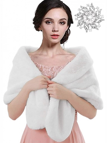 Aukmla Women's Fur Shawls and Wraps Wedding Fur Scarf Faux Bridal Fur Stole with Brooch for Brides and Bridesmaids