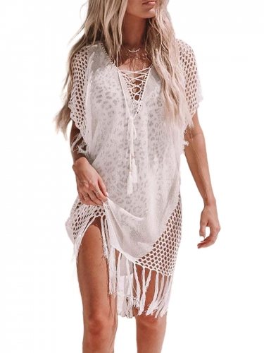 Beach Swimsuit Cover Up Bathing Suit Cover Ups Tassel Bikini Coverup Hollow Out Crochet Dress for Women