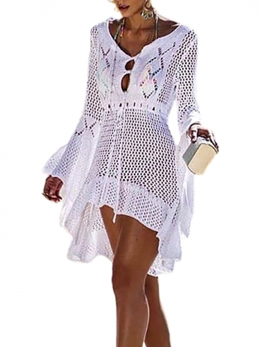 Beach Swimsuit Cover Up Bathing Suit Cover Ups T Shirt Dresses Bikini Coverup Hollow Out Crochet Dress for Women