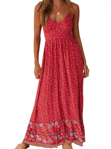 Women Summer Spaghetti Maxi Dress Bohemia V-Neck Slip Dresses Smocked Long Floral Dress Casual Beach Party Dress