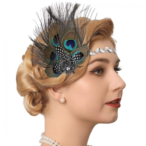 GENBREE 1920s Flapper Headband Peacock Headpieces Rhinestone Gatsby Hair band Roaring Feather Headbands Cocktail for Women and Girls