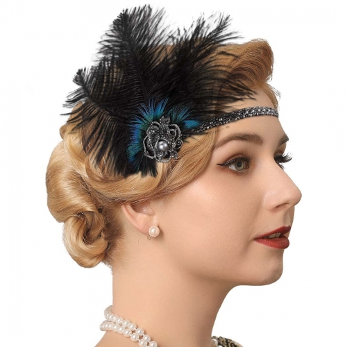 GENBREE Flapper Headband Black Feather Headpiece 1920s Gatsby Headbands Cocktail Hair Accessories for Women