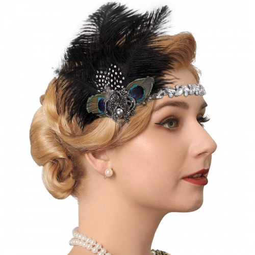 GENBREE Vintage Flapper Headpiece Black Feather Headband Rhinestone Gatsby Headbands Roaring 20s Feather Hair bands Cocktail for Women and Girls