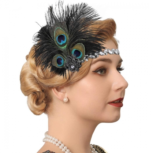 GENBREE Peacock Headpiece 1920s Flapper Headband Rhinestone Gatsby Headbands Roaring Feather Hair bands Cocktail for Women