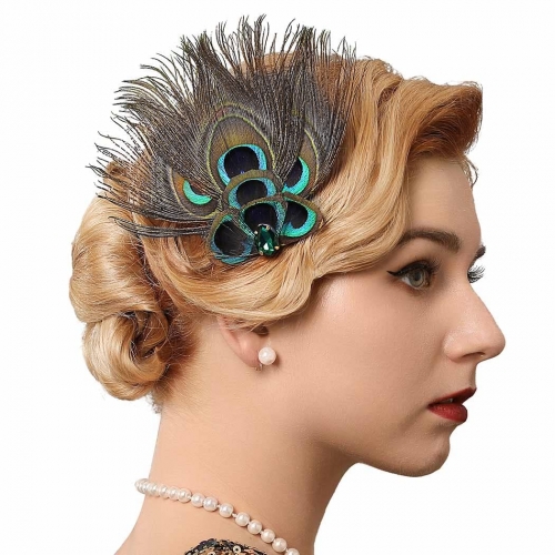 GENBREE Vintage 1920s Flapper Headband Peacock Feather Hair Clip Rhinestone Gatsby Headpiece Cocktail Hair Accessories for Women and Girls (Style 2)