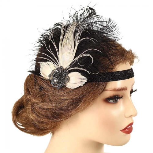 GENBREE Vintage 1920s Flapper Headpiece Black Feather Headband Crystal Gatsby Headpieces Cocktail Head Accessories for Women and Girls