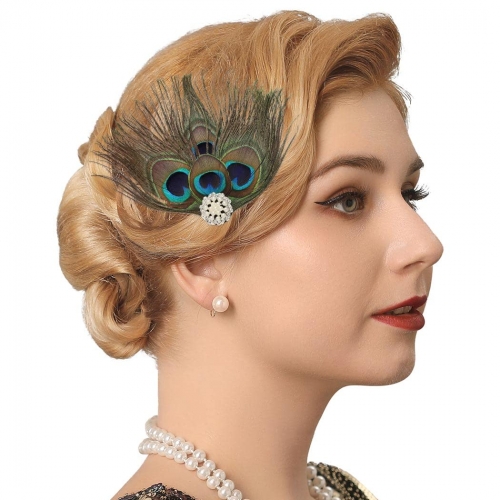 GENBREE 1920s Flapper Headband Peacock Feather Hair Clip Rhinestone Gatsby Feather Headpiece Cocktail Hair Accessories for Women and Girls (Style 1)