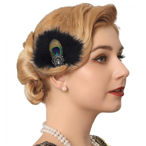 GENBREE Flapper Headband Peacock Feather Hair Clip Black Feather Headpiece Cocktail Head Accessories for Women(Style 3)