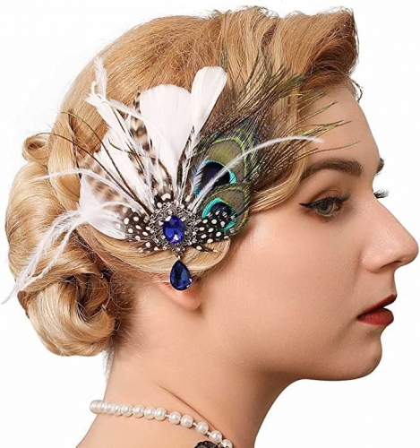 GENBREE 1920s Feather Headpiece Peacock Feather Hair Clip White Feather Headband Gatsby Headpieces Cocktail Head Accessories for Women