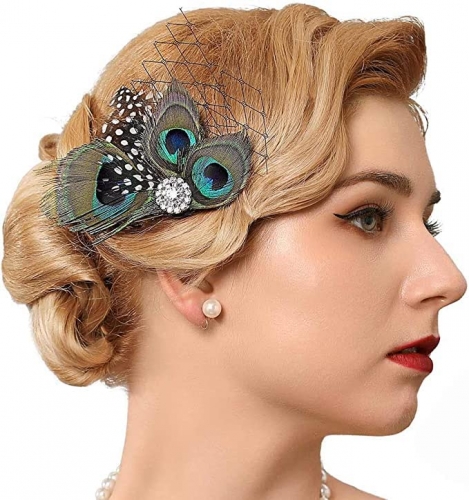 GENBREE 1920s Flapper Fascinator Headpiece Peacock Feather Hair Clip Rhinestone Gatsby Headband Cocktail Head Accessories for Women and Girls Green