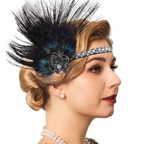 GENBREE 1920s Flapper Headpiece Black Feather Headband Rhinestone Gatsby Headpieces Party Prom Hair Accessories for Women