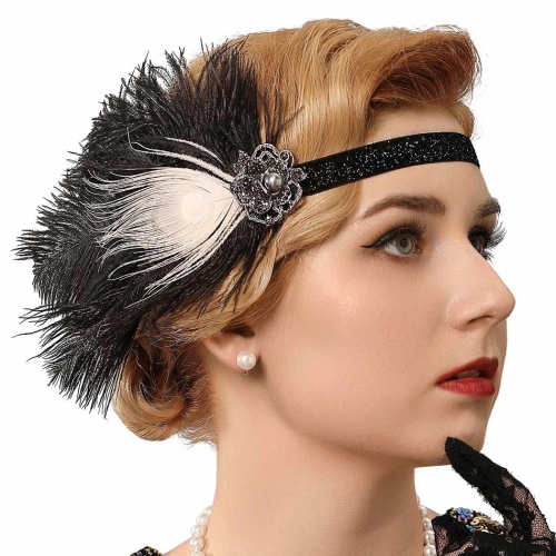 GENBREE 1920s Flapper Headband Black Feather Headpiece Gatsby Headpieces Cocktail Head Accessories for Women (Style 1)