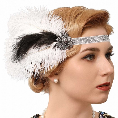 GENBREE 1920s Flapper Headband White Feather Headpiece Gatsby Feather Headbands Cocktail Head Accessories for Women