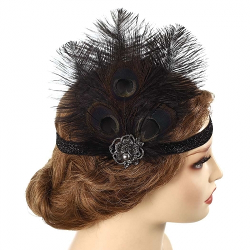 GENBREE 1920s Flapper Headband Black Feather Headpiece Gatsby Hair Band Cocktail Head Accessories for Women (Style 2)