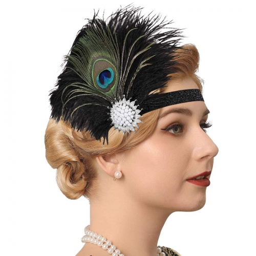GENBREE Flapper Headband Peacock Feather Headpiece Pearl Gatsby Hair Band Cocktail Head Accessories for Women