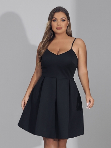 Women's Sexy Plus Size Dress Black Deep V-Neck Spaghetti Strap Dresses Backless Ruched Zipper Mini Dress for Cocktail Evening Party