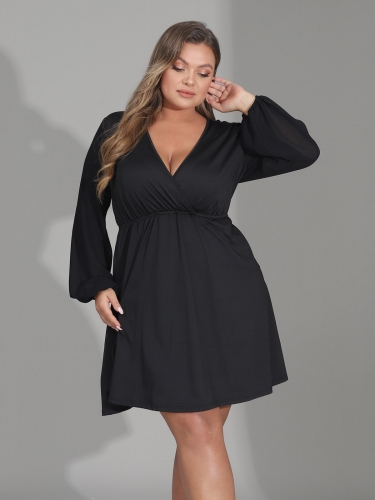 Womens Plus Size V-Neck Dress Black Long Sleeve Dress Stretchy Loose Plain Casual Maxi Dress Solid Midi Dress for Women and Girls