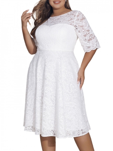 Women's Plus Size Lace Crew Neck White Midi Dresss Floral Half Sleeve Wedding Guest Formal Cocktail Evening Prom Dresses