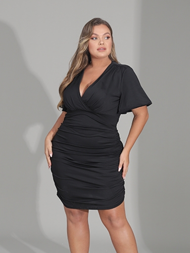Womens Plus Size V-Neck Dress Short Puff Sleeve Ruched Bodycon Dress Fitted Casual Maxi Dress for Women