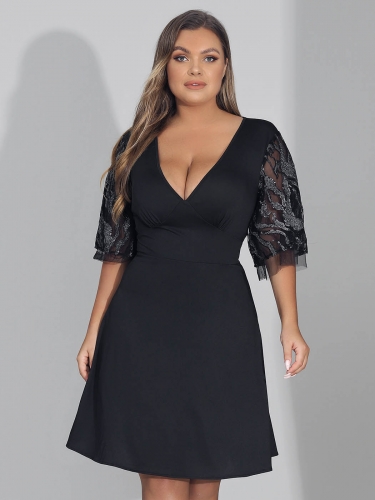 Women Plus Size Lace Chiffon V Neck Dresses Party Bodycon Mini Dress Cocktail Wedding Midi Dress