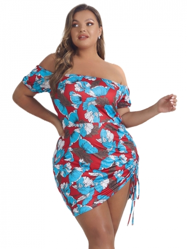 Womens Floral Printed Dress Plus Size Off Shoulder High Waist Casual Dresses Boho Short Sleeve Beach Dress