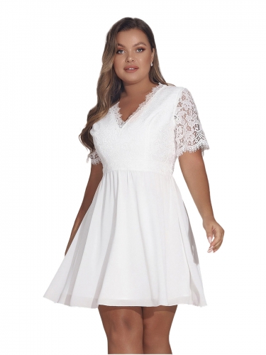 Women's Plus Size V Neck Lace Dress Short Sleeve Formal Cocktail Evening Party Dresses Floral Lace Splicing Swing Dress