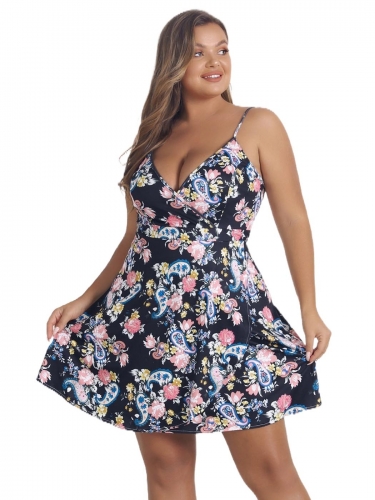 Womens Floral Printed Dress Plus Size V Neck Slip Casual Dresses Boho Beach Sleeveless Spaghetti Strap Dress