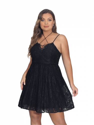 Plus Size Sexy Floral Lace Dress V Neck Spaghetti Strap Dresses Formal Cocktail Party Dress Lace Swing Mini Dresses for Women