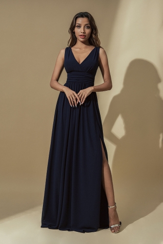 Navy Slit Bridesmaid Dresses Wedding Chiffon Evening Dress V Neck Backless Prom Formal Gowns Cocktail Party for Womens