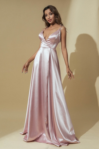 Pink Sexy Satin Evening Dress Deep V Neck Backless Bride Dresses Wedding Long Floor Prom Ball Gowns Cocktail Party for Womens