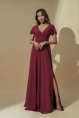 Wine red Long Bridesmaid Dresses Ruffle Chiffon Evening Dress V Neck Backless Prom Formal Gowns Cocktail Party for Womens
