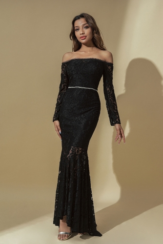 Black Off Shoulder Evening Dress Bride Lace Fishtail Dresses Rhinestone Belt Prom Ball Gowns Cocktail Party for Womens