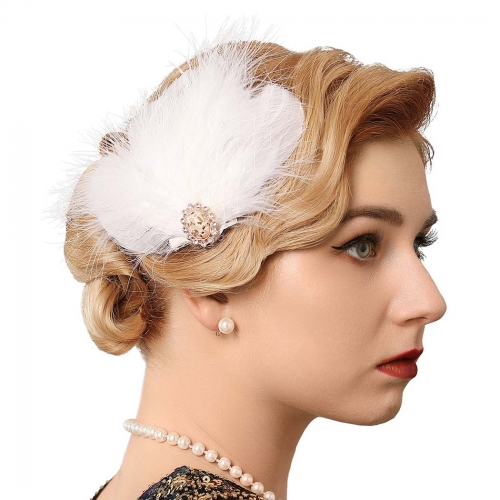 GENBREE 1920s Flapper Headband White Feather Hair Clip Gatsby Headpiece Prom Party Hair Accessories for Women and Girls