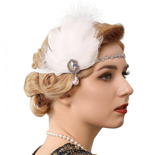 GENBREE 1920s Flapper Headpiece White Gatsby Feather Headband Rhinestone Prom Party Head Accessories for Women and Girls