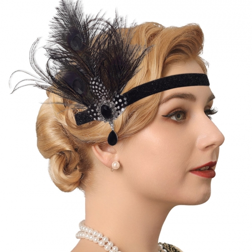 GENBREE 1920s Flapper Headpiece Black Feather Headband Gatsby Headpieces Party Prom Head Accessories for Women