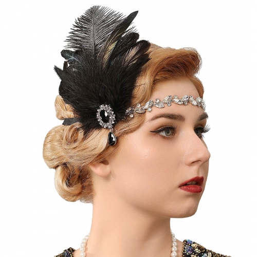 GENBREE 1920s Flapper Headband Black Feather Headpiece Rhinestone Gatsby Hair Band Cocktail Head Accessories for Women