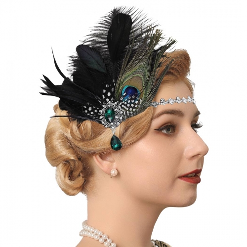 GENBREE Peacock Feather Headpiece 1920s Flapper Headband Black Feather Headpieces Crystal Cocktail Hair Accessories for Women