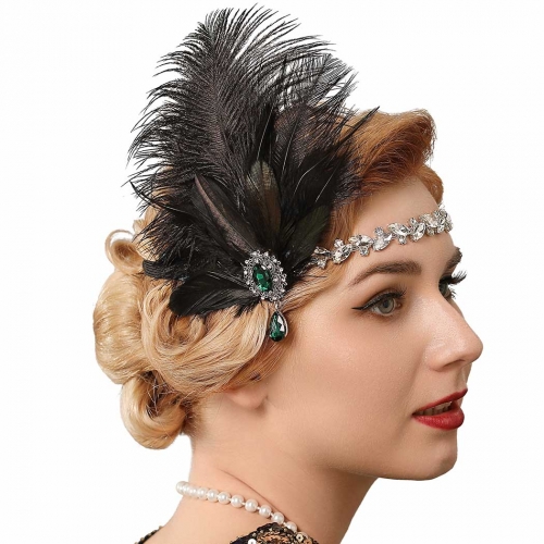 GENBREE 1920s Flapper Headband Black Feather Headpiece Rhinestone Gatsby Hair Band Cocktail Head Accessories for Women